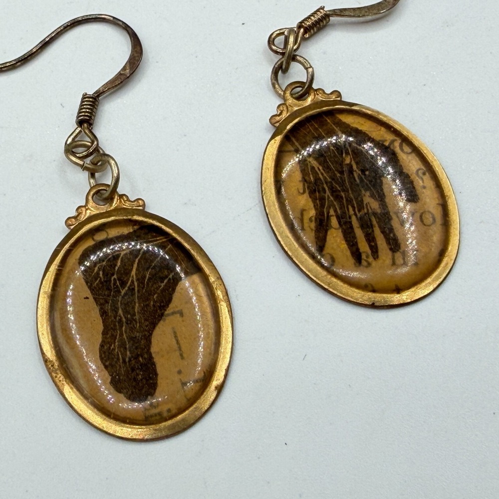 Gold Tone Anatomy Hand Foot Earrings Resin Oval Dangle Gothic Curiosity Vintage